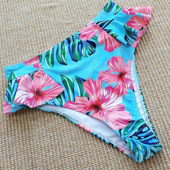 High Waist Ruffle Bikini Aqua Pink Palm Print M/L - Picture 5 of 6